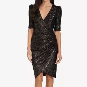 Calvin Klein Black and Gold Sequin Puff-Sleeve Dress